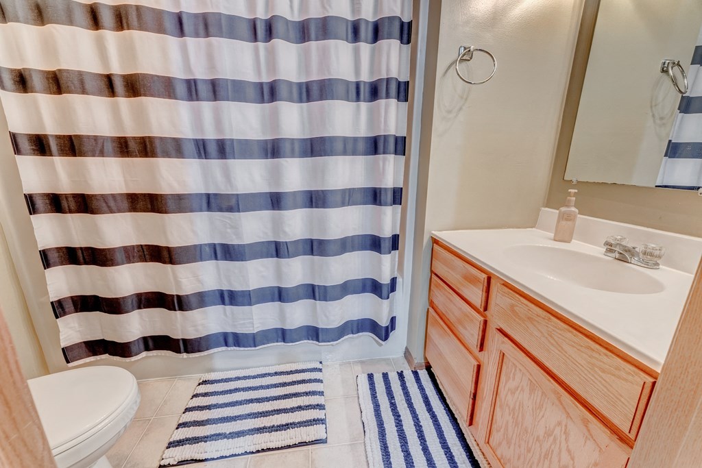 A bathroom with a striped shower curtain and a white sink.