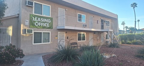 A building with a Leasing Office sign on the front.