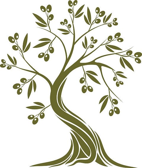 A stylized image of a tree with green leaves and berries.
