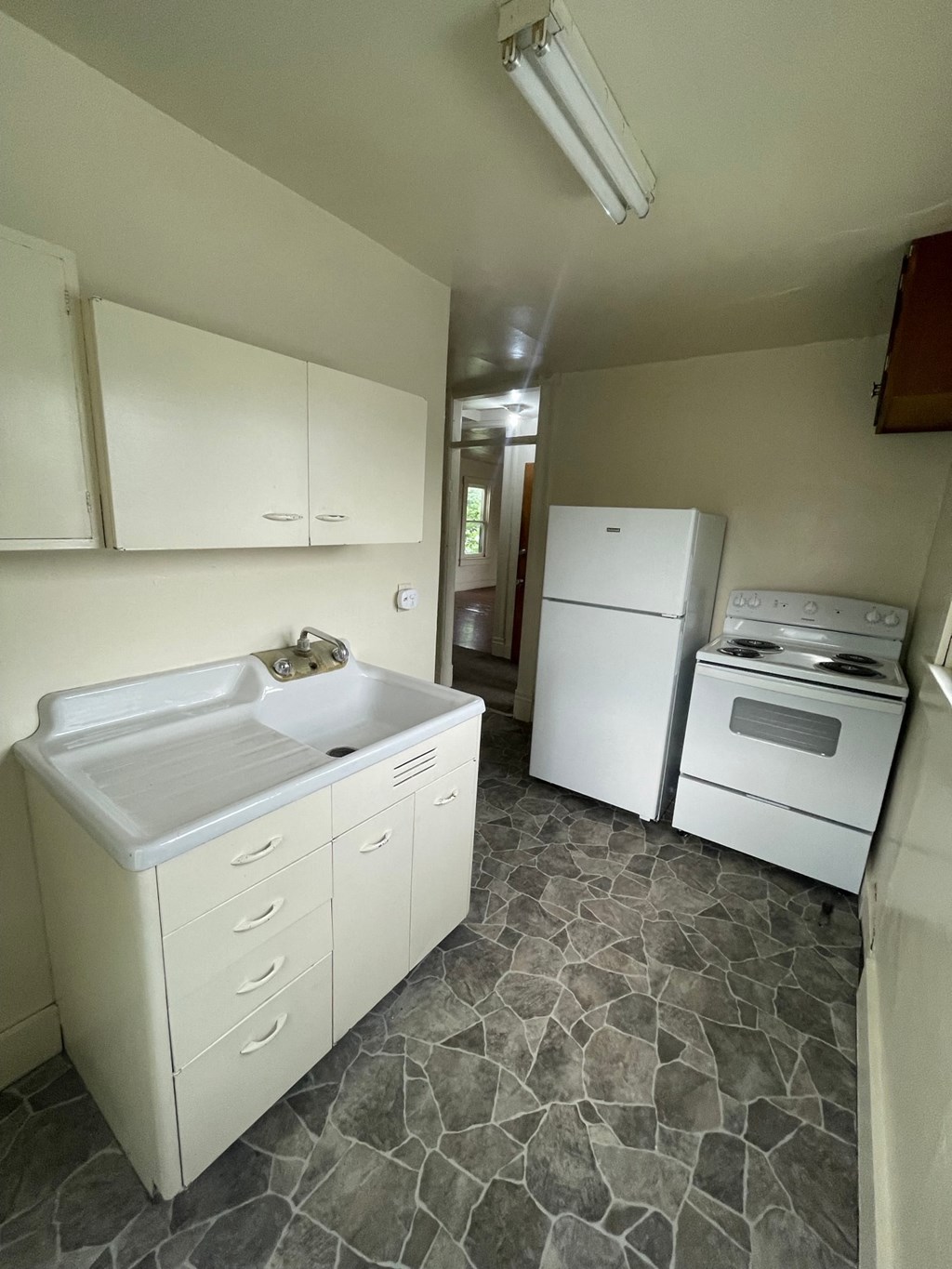 a kitchen with a sink and a stove and a refrigerator
