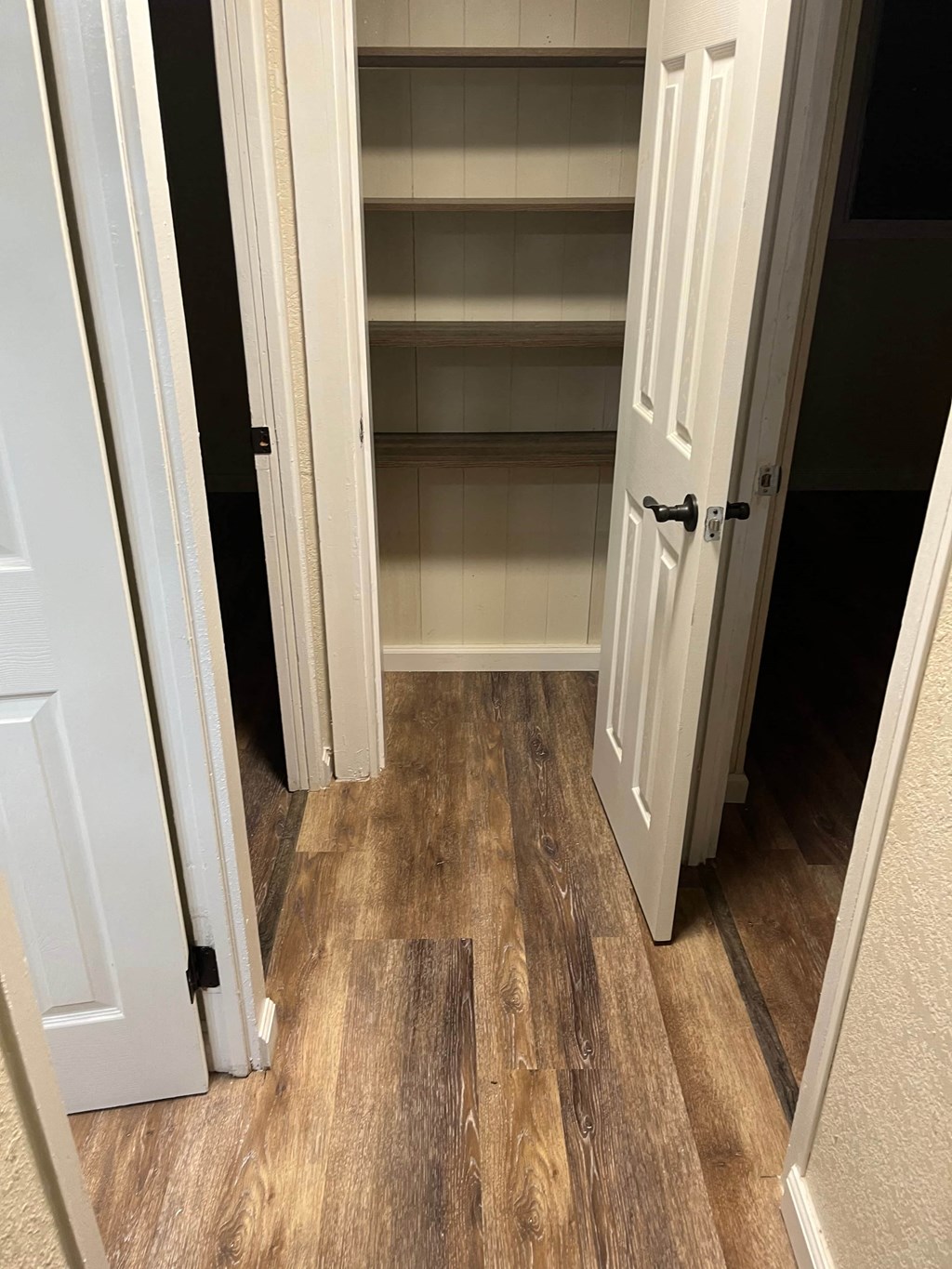 a walk in closet with shelves and a wood floor