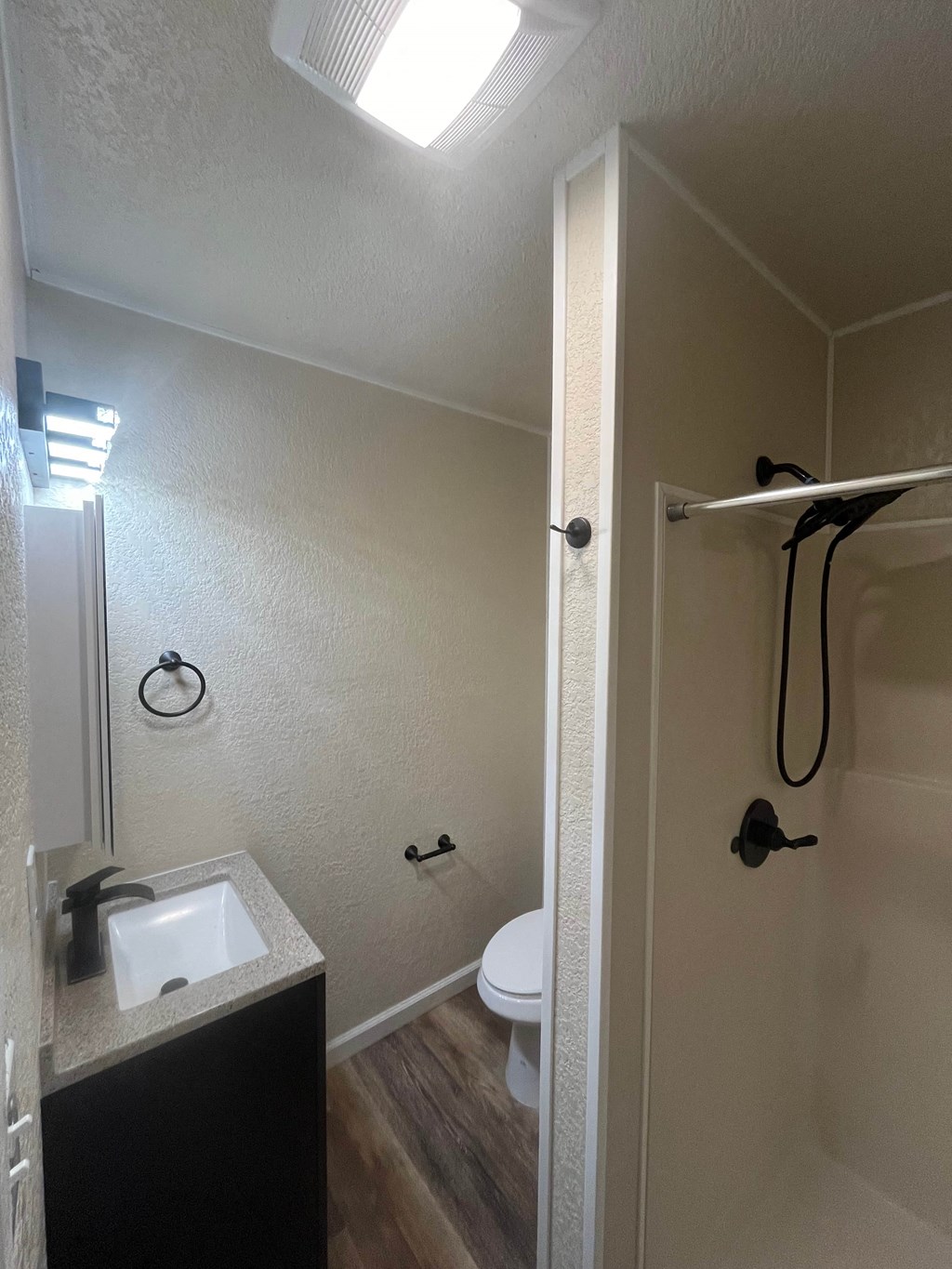 a bathroom with a sink and a toilet and a shower