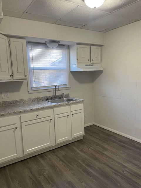 a kitchen with white cabinets and a sink and a window