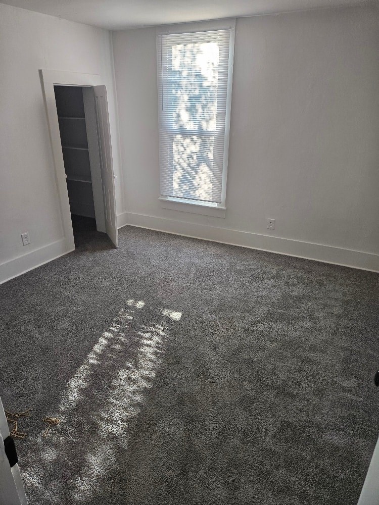A room with a grey carpet and a window with blinds.