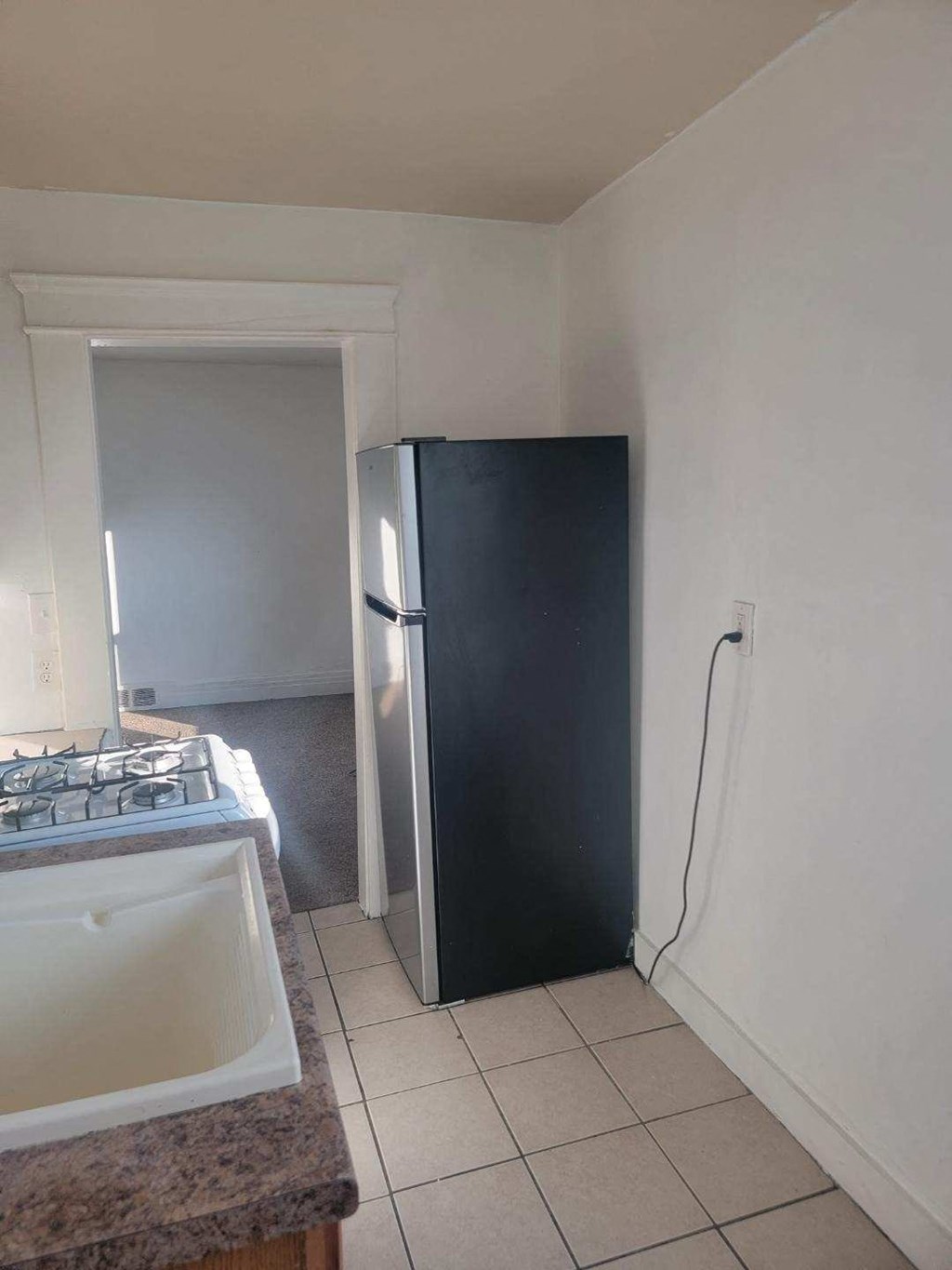 an empty kitchen with a refrigerator and a sink