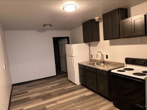 a kitchen with a stove refrigerator and a sink