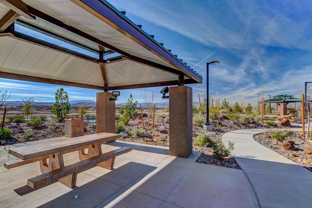 picnic table in front of pavilion with desert views   at the preserve at