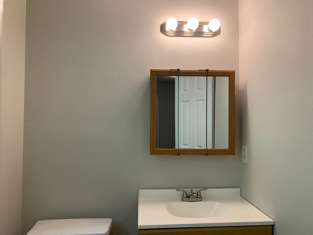 a bathroom with a mirror and a toilet and a sink