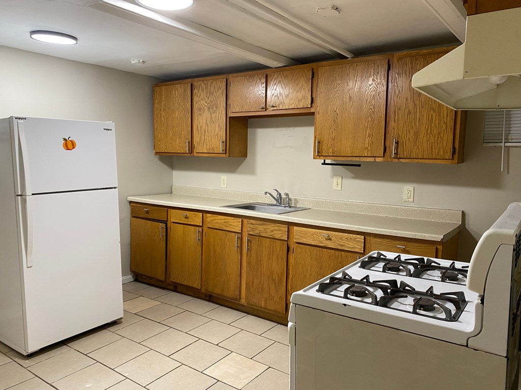 A kitchen with a white fridge, white stove, and wooden cabinets.
