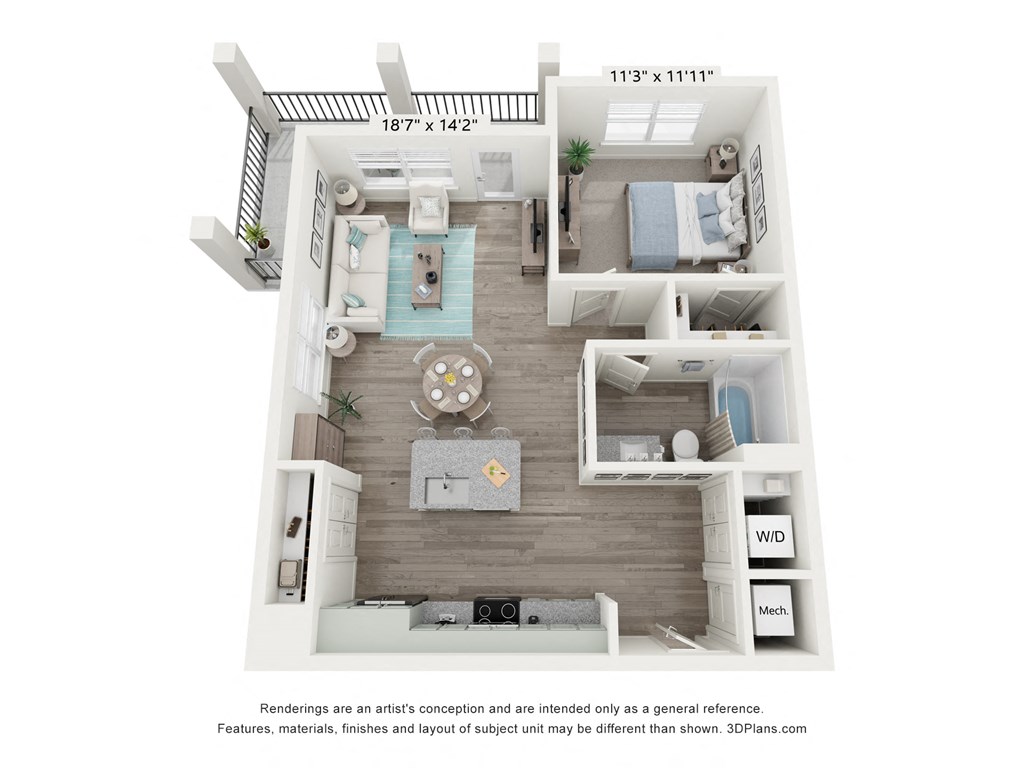 a stylized floor plan of a 1 bedroom192 sq ft
