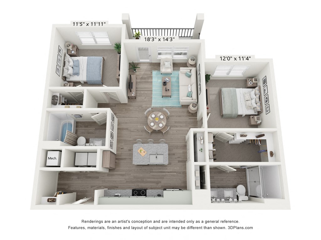 a stylized floor plan of a 1 bedroom apartment