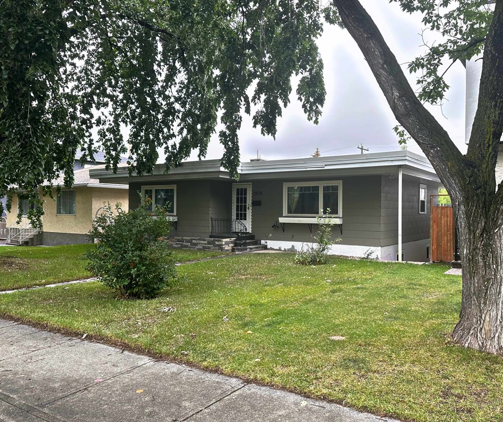 a house with a lawn and trees in front of it