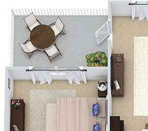 Graham I 3D. 2 bedroom apartment. Kitchen with bartop open to living/dinning rooms. 2 full bathrooms, shower stall in guest. Walk-in closets. Patio/balcony.