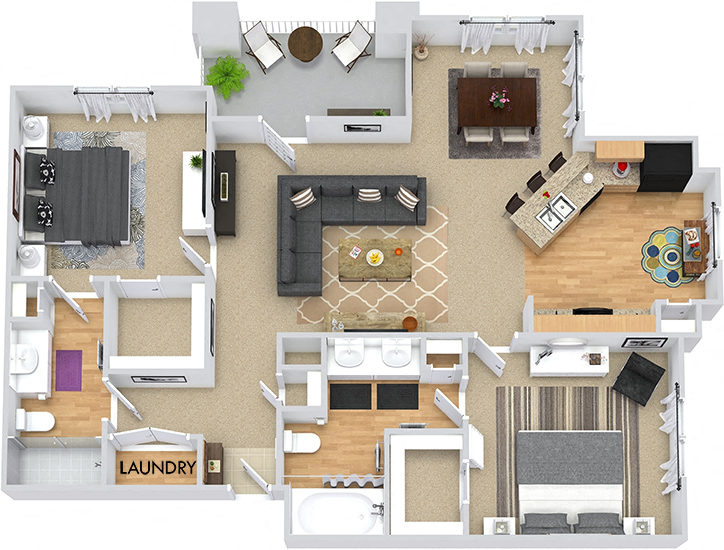 Baxter 3D. 2 bedroom apartment. Kitchen with bartop open to living/dinning room. 2 full bathrooms, double vanity in master, shower stall in guest. Walk-in closets. Patio/balcony.