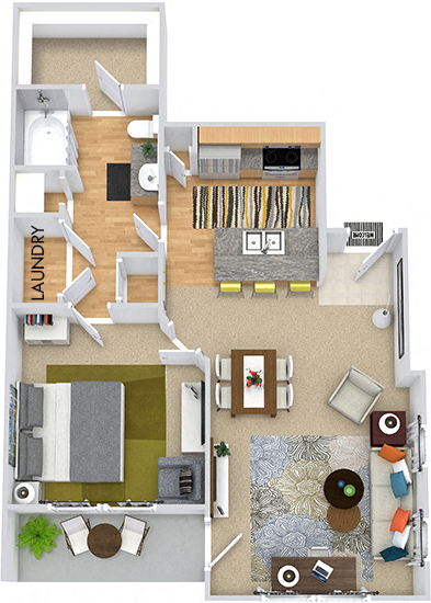 Biltmore 3D. 1 bedroom apartment. Kitchen with bartop open to living/dinning rooms. 1 full bathroom. Walk-in closet. Patio/balcony.