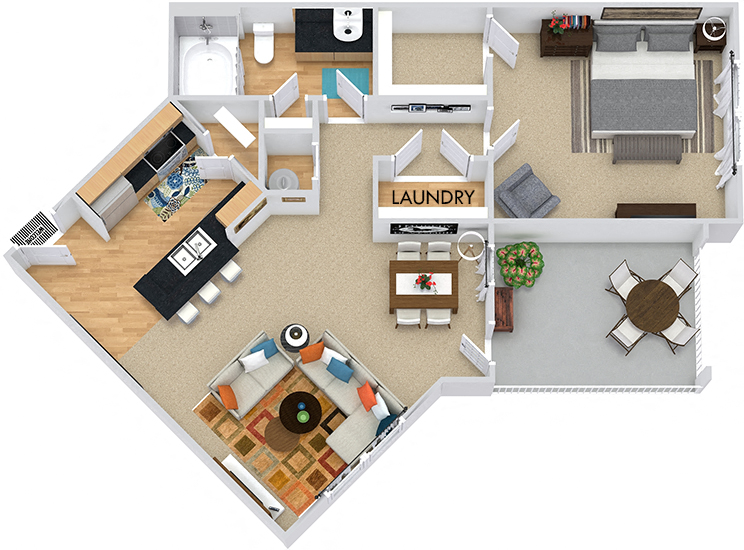 Dawson I 3D. 1 bedroom apartment. Kitchen with bartop open to living/dinning rooms. 1 full bathroom. Walk-in closet. Patio/balcony.