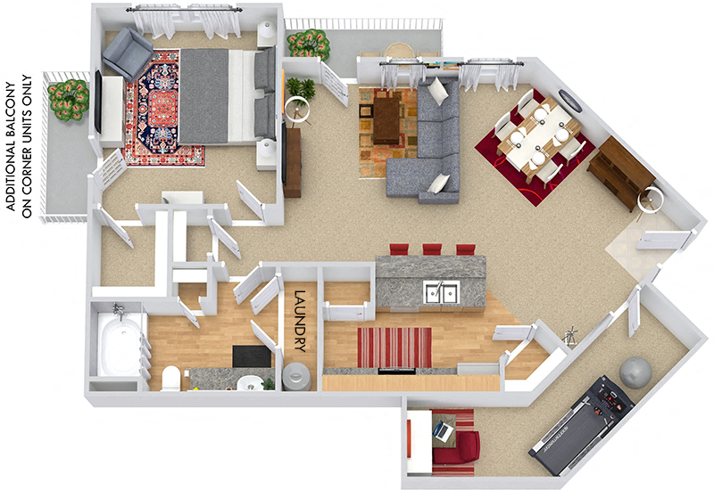 Elliot II 3D. 1 bedroom apartment. Kitchen with bartop open to living/dinning rooms. Flex room. 1 full bathroom. Walk-in closet. Patio/balcony.