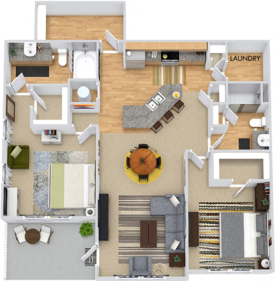 Henshaw 3D. 2 bedroom apartment. Kitchen with bartop open to living/dinning rooms. 2 full bathrooms, shower stall in guest. Walk-in closets. Patio/balcony. Storage room.