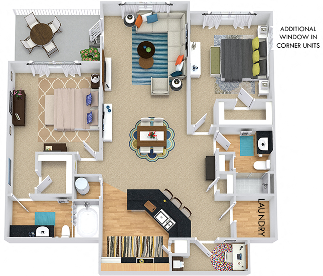 Graham II 3D. 2 bedroom apartment. Kitchen with bartop open to living/dinning rooms. 2 full bathrooms, shower stall in guest. Walk-in closets. Patio/balcony. Storage room.