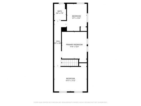 A floor plan for a home with a bathroom, two bedrooms, a hallway, and a primary bedroom.