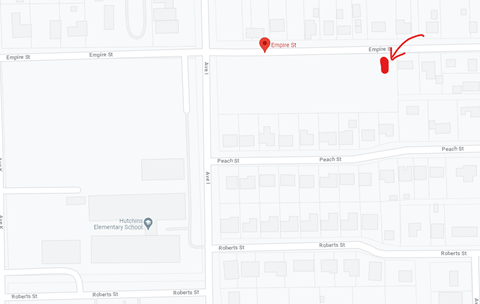 A map shows a section of a neighborhood with Empire St. and Peach St.