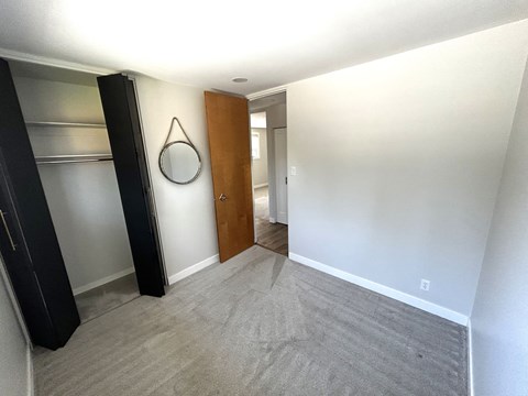a large empty room with a door to a closet and a mirror