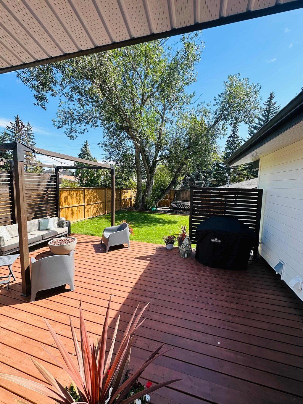 a backyard with a wooden deck and a tree