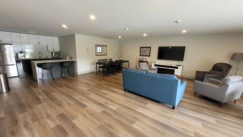 A living room with a blue couch and a television.