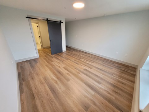 A room with wooden flooring and a black door.