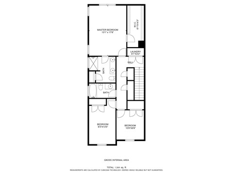 A floor plan of a house with a Master Bedroom, Bathroom, Laundry, Hall, 2 Bedrooms, and 2 Bathrooms.