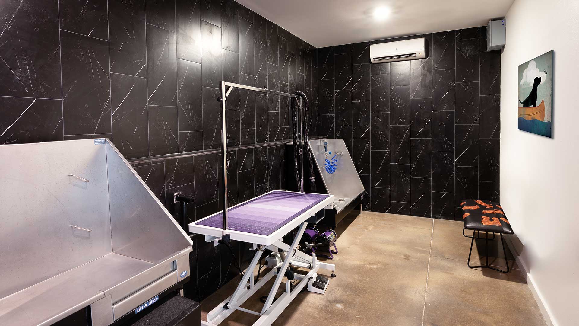 A room with a kennel, pet washing tub and equipment.