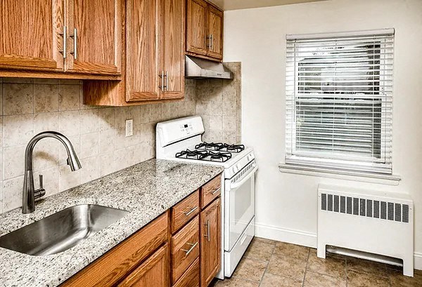 a kitchen with a sink and a stove
