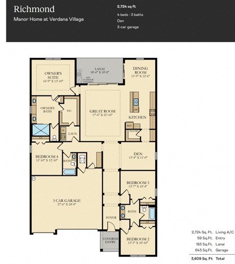 A floor plan for a 2,728 sq ft, 4 bedroom, 3 bathroom home at Verdana Village.