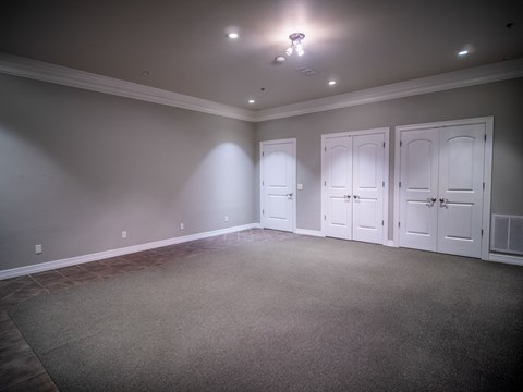 a empty room with a carpeted floor and white doors
