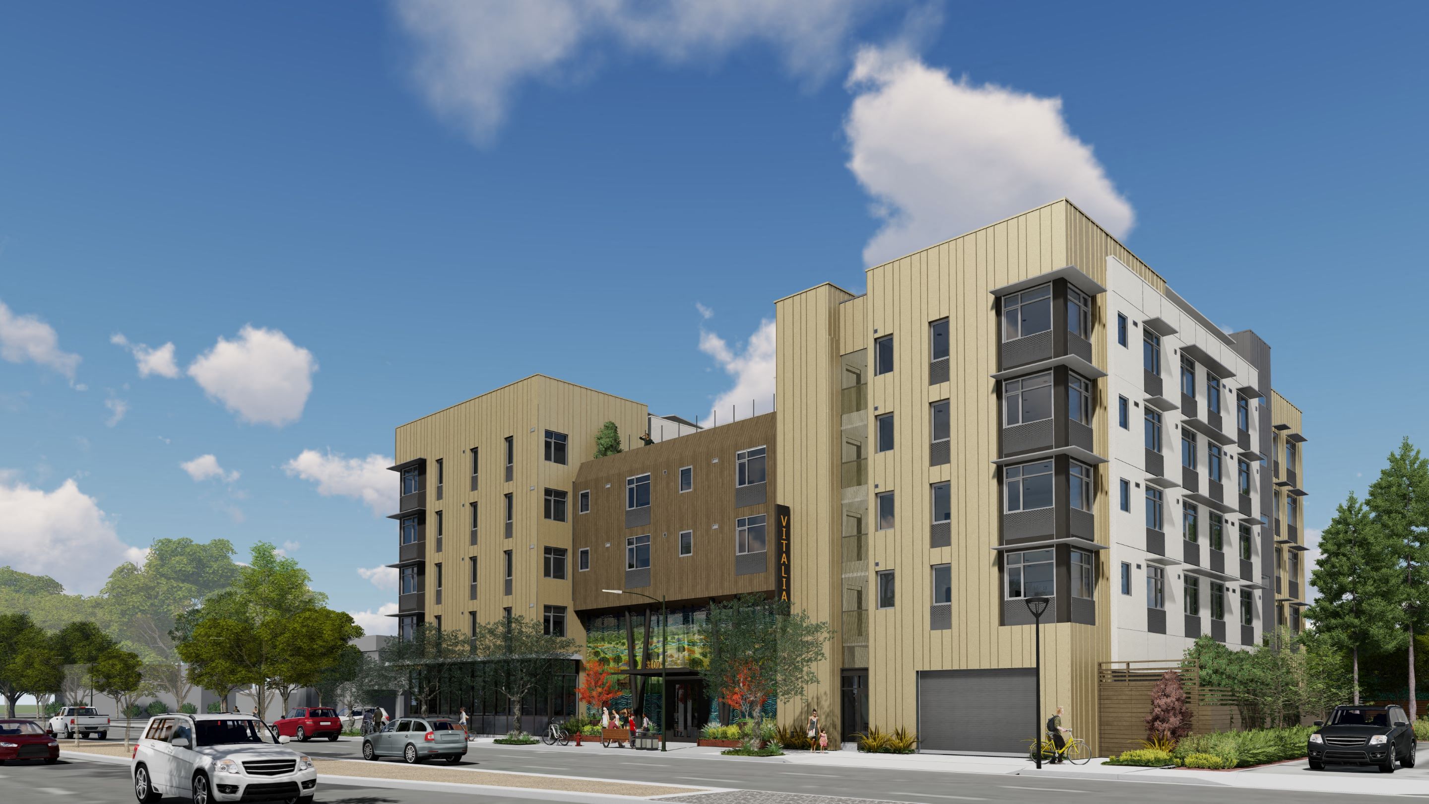 a rendering of a new apartment building on a city street