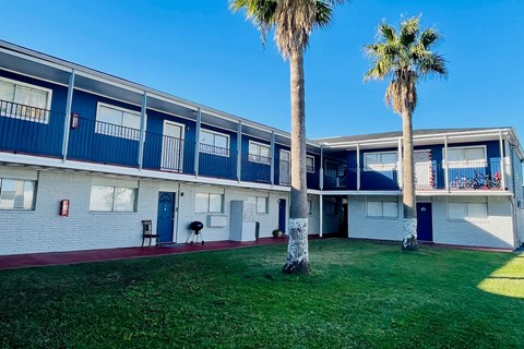 A row of houses with blue doors and windows.