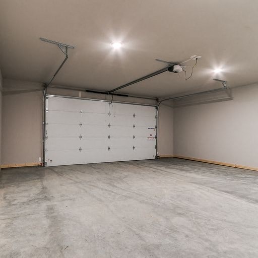 an empty garage with a white garage door