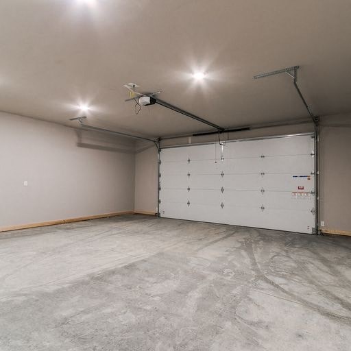 a garage with a white wall and a white garage door