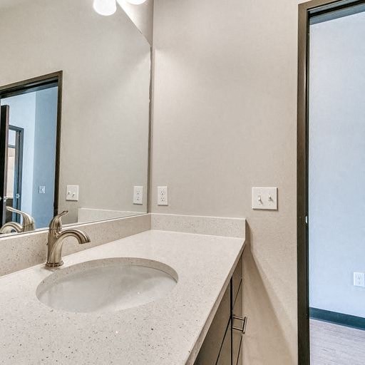 a bathroom with a sink and a mirror