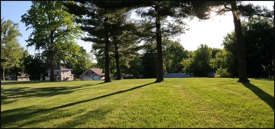 a grassy field with trees and a house