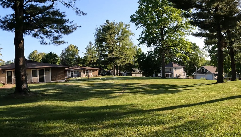 a group of houses in a grassy area with trees