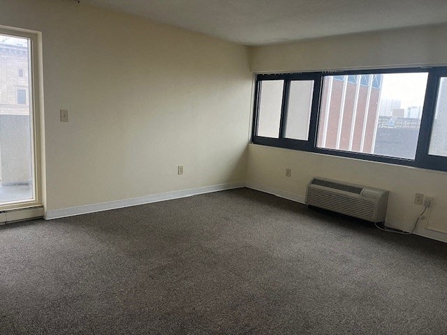 an empty living room with two windows and a heater