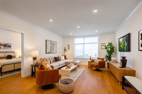 A living room with a white couch, a brown chair, and a white rug.