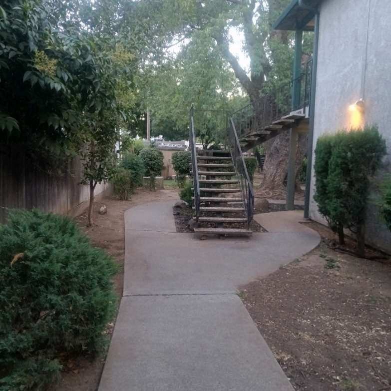 a set of stairs on a sidewalk next to a building