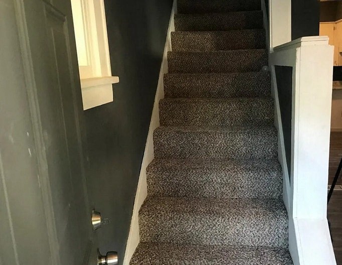 a staircase with carpet on the stairs