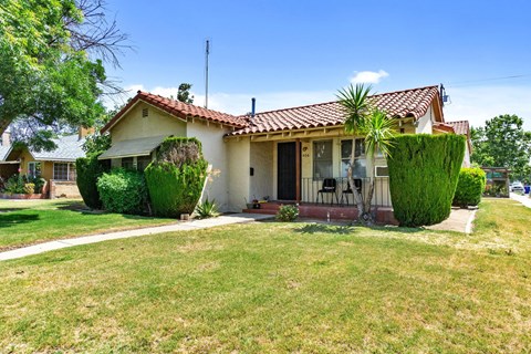 a house with a lawn and a palm tree