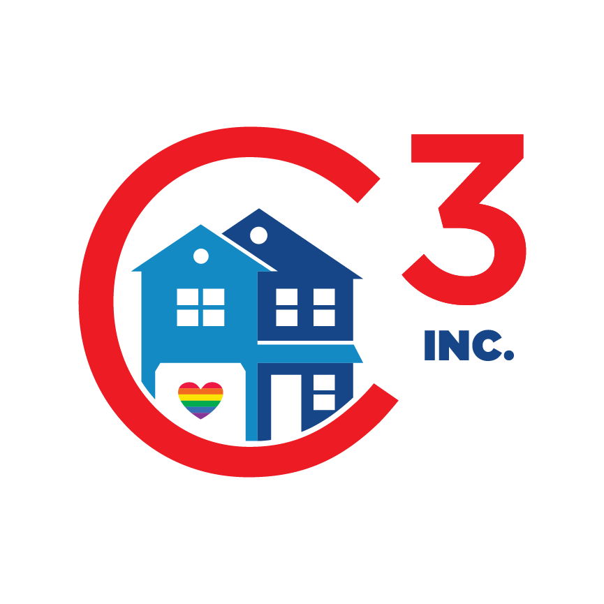 a red circle with a house inside of it and the number three