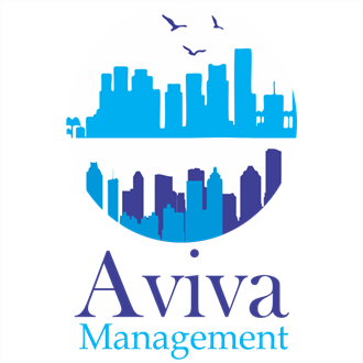 a viva management logo with a city skyline