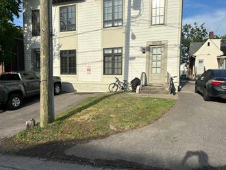 a house with a bike parked in front of it