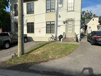 a house with a bike parked outside of it
